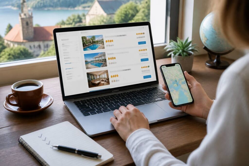 Iemand die op een laptop vakanties vergelijkt met onleesbare schermdetails en reisnotities