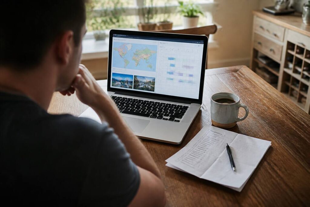 Checklist en laptop voor het vergelijken van vakanties