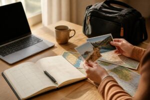 Reizen en vakanties vergelijken aan een houten tafel met laptop en reisnotities