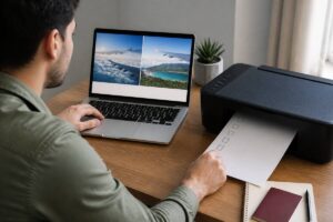 Reiziger die op een laptop vakanties en reistips vergelijkt met een checklist