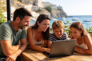 Reizigers vergelijken vakanties op een laptop aan zee, bij een café op een zonnige dag