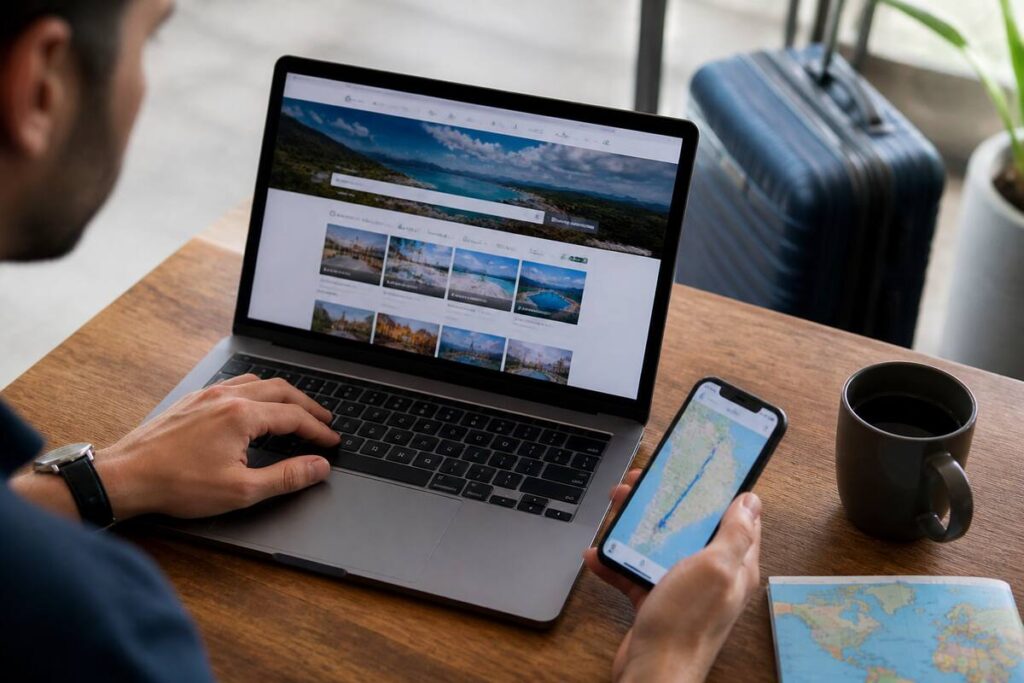 Iemand vergelijkt vakanties op een laptop met reistips en reisplannen op de achtergrond