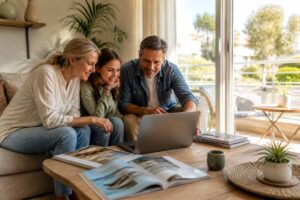 Gezin vergelijkt vakantieopties op een laptop in een lichte woonkamer