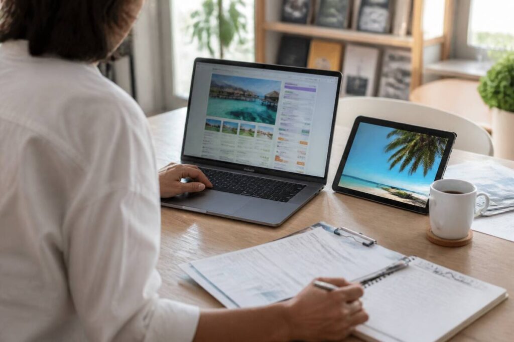Een realistische foto van iemand die thuis vakanties vergelijkt op een laptop met reisdetails, zonder leesbare tekst in beeld.