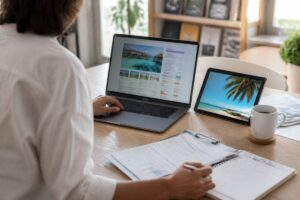 Een realistische foto van iemand die thuis vakanties vergelijkt op een laptop met reisdetails, zonder leesbare tekst in beeld.