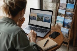 Reiziger vergelijkt vakanties op laptop in een café