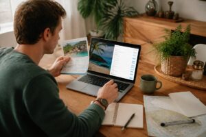 Thuis vakanties vergelijken op een laptop met notities aan de keukentafel