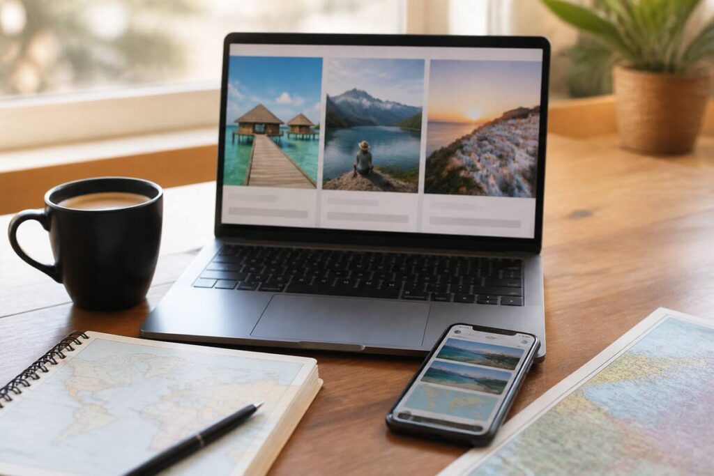 Vakantieplannen vergelijken aan tafel met laptop en reisnotities