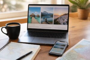 Vakantieplannen vergelijken aan tafel met laptop en reisnotities